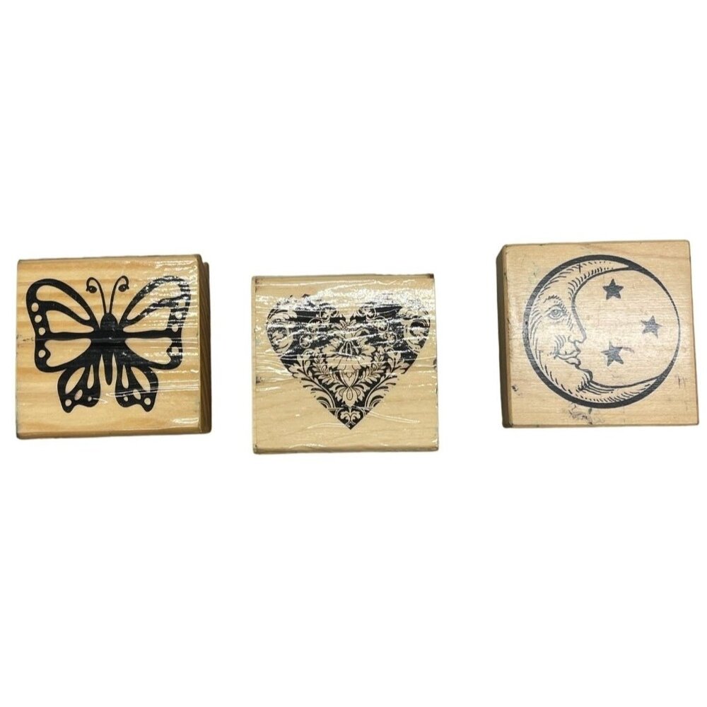 set of 3 rubber stamps on wood heart and flowers moon and stars butterfly READ